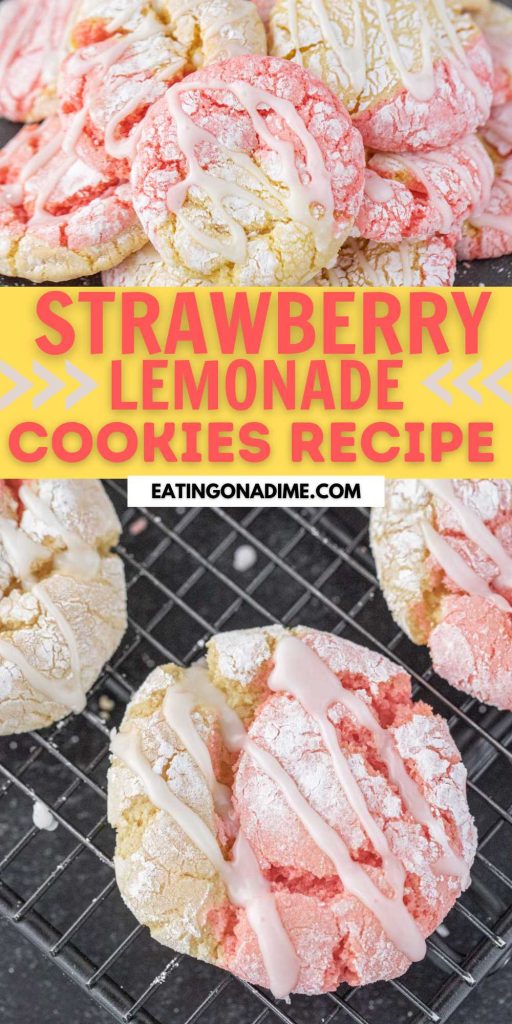 Strawberry Lemonade Cookies are the best cake mix cookies. Start with cake mixes to make these decadent cookie with a delicious glaze. Strawberry Lemonade Cake Mix Cookies is a the perfect combination. They are light and refreshing and are made easily with two cake mixes. We think this will be the perfect Summertime cookie. #eatingonadime #strawberrylemonadecookie #strawberry #lemonade #cookie