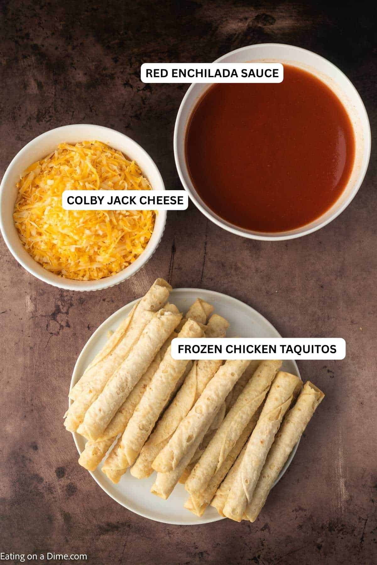 Ingredients for recipe: frozen chicken taquitos, Colby jack cheese and red enchilada sauce.