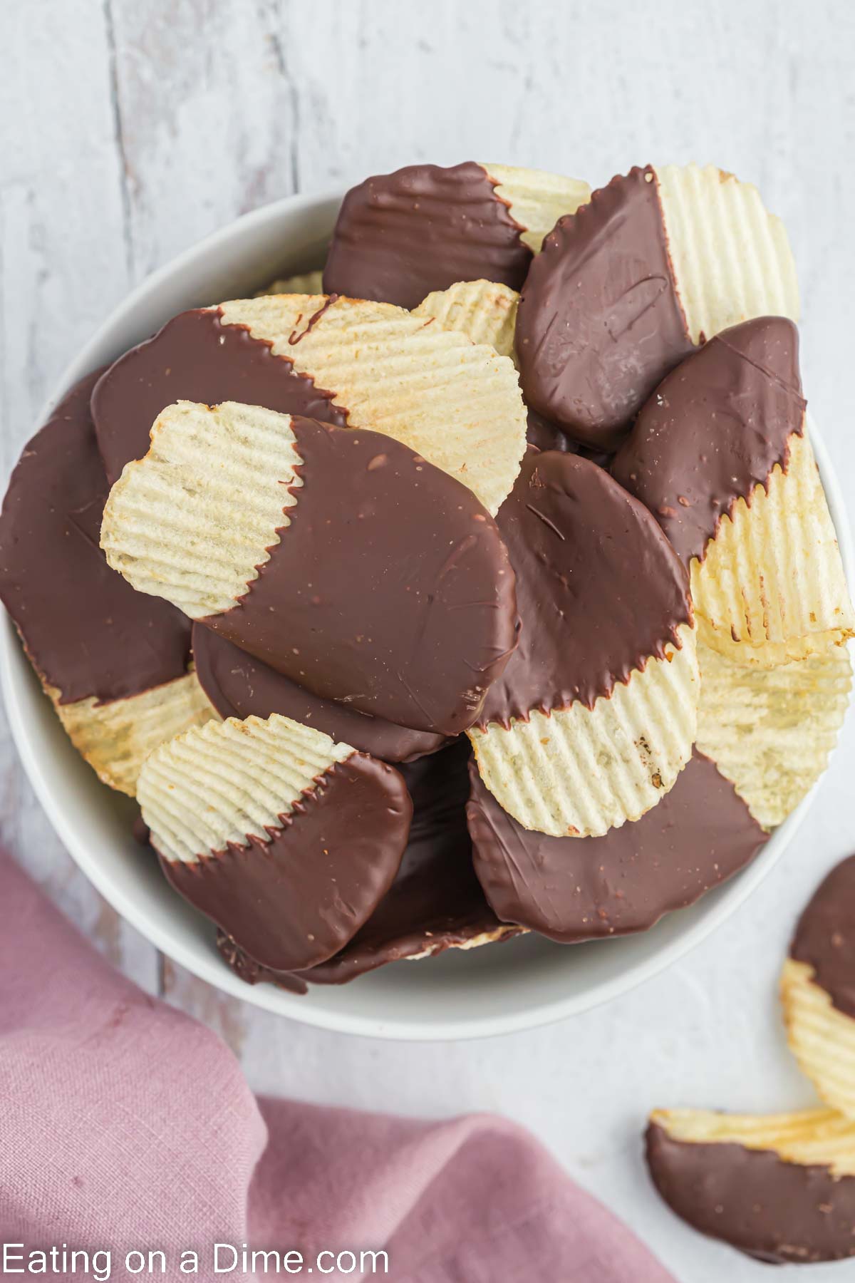 Chocolate Covered Chips in a white bowl