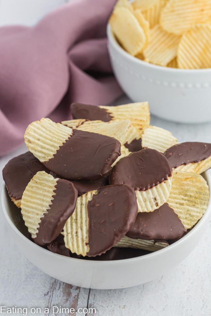 Chocolate Covered Chips in a white bowl