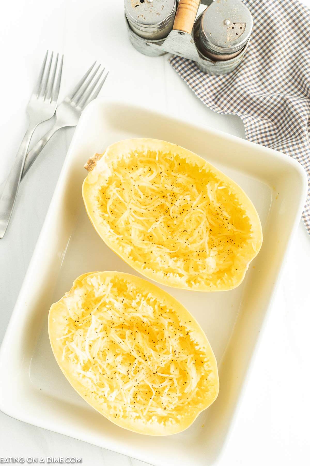 Cooked spaghetti squash in a baking dish 