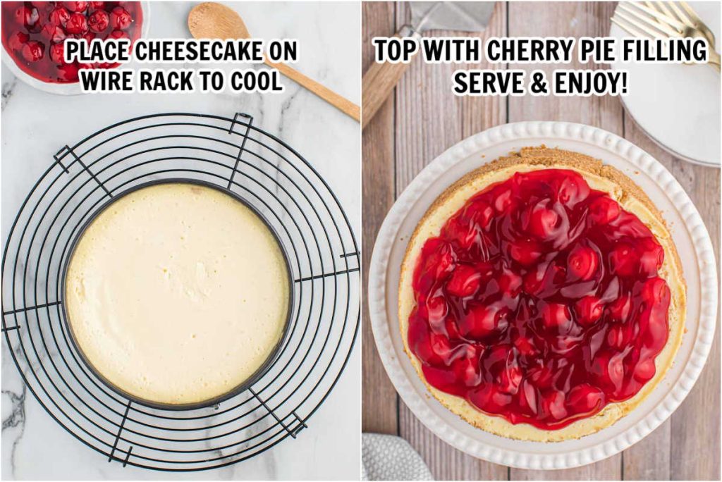 Cheesecake in a spring form pan and then topped with cherry