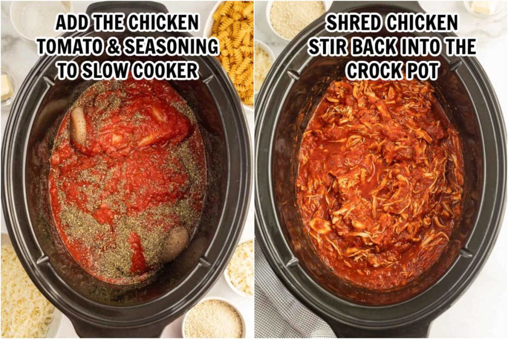 Cooking chicken, sauce and seasoning to the slow cooker and shredding the chicken