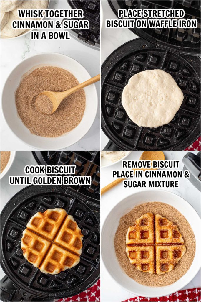 The process of making cinnamon and sugar biscuit waffles