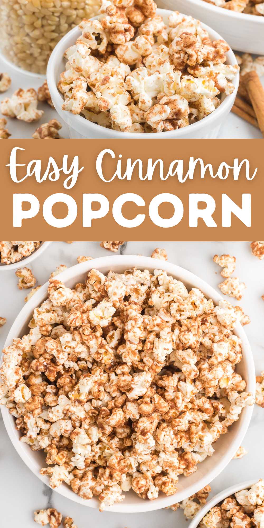 We love making this Cinnamon Popcorn for movie night or for an afternoon snack. Loaded with cinnamon and sugar to make this popcorn recipe. You only need a few ingredients to turn your plain popcorn into an addicting snack. The blend of the melted butter, cinnamon and sugar makes this treat so delicious. #eatingonadime #cinnamonpopcorn #popcorn #snack