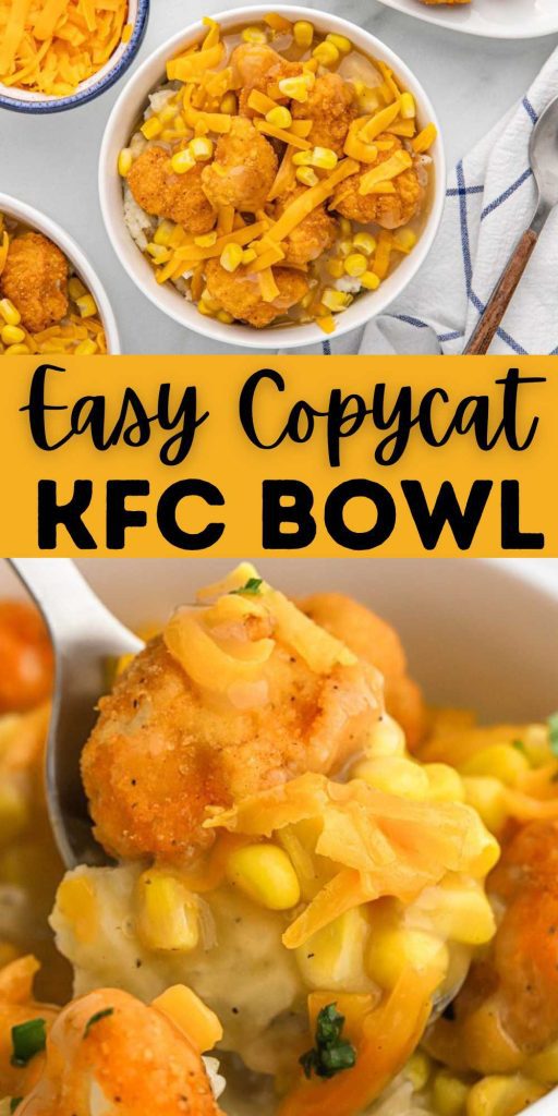 This Copycat KFC Bowl is a great way to combine your favorite comfort food all in a bowl. Quick and easy meal idea that is loaded with flavor. This is the recipe to make with leftover chicken and mashed potatoes. It is quick and easy to make and you can dinner on the table in less than 30 minutes. #eatingonadime #copycatkfcbowl #kfccopycatrecipes 