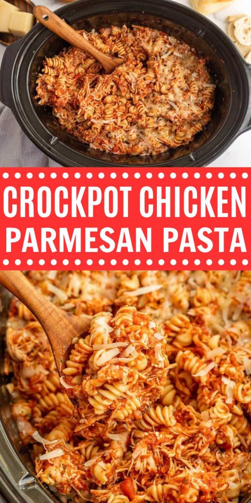 Enjoy Chicken Parmesan Pasta Bake any day of the week thanks to this Crock Pot Chicken Parmesan Pasta Recipe. This is the best one pot meal. The slow cooker takes all the work out of this recipe but you get all the flavor. Garlic Parmesan chicken pasta is a family favorite. #eatingonadime #crockpotchickenparmesanpasta #chickenparmesanpasta #crockpotrecipes