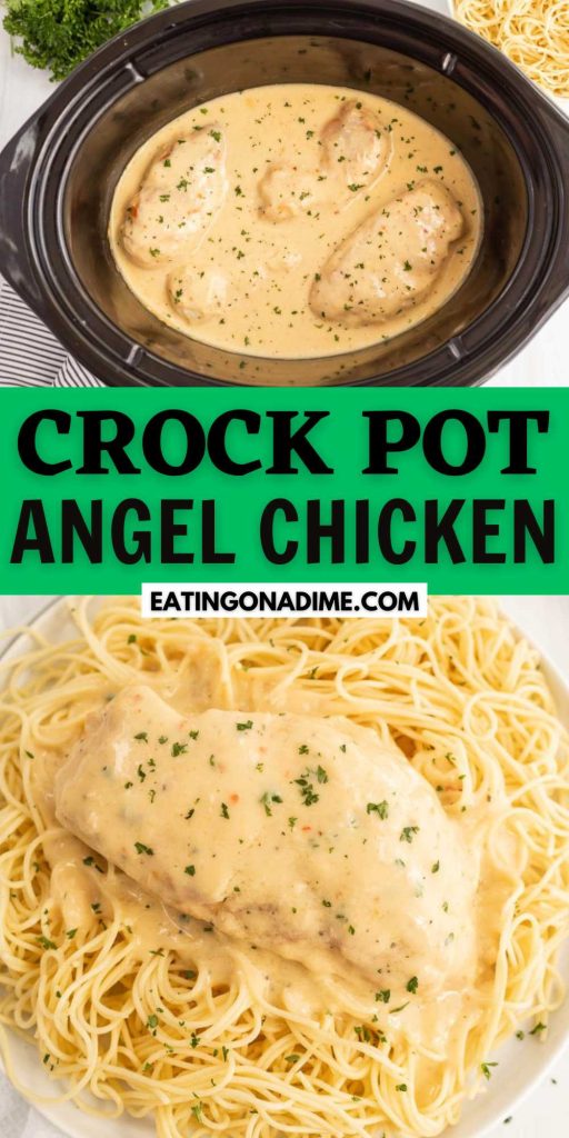Crock Pot Angel Chicken is creamy, delicious and the slow cooker does all the work. Serve the tender chicken over noodles or mashed potatoes. We love that the crock pot does all the work and the chicken comes out tender and juicy. #eatingonadime #crockpotangelchicken #crockpotrecipes #angelchicken