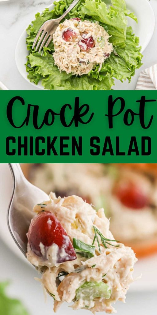 Crock Pot Chicken Salad is an easy way to prepare a classic recipe. The chicken and veggies cook in the slow cooker for a delicious recipe. Chicken Salad is great served as a sandwich or on a bed of lettuce. It is a staple summertime recipe with a side of fruit. It is creamy, delicious and combines simple ingredients. #eatingonadime #crockpotchickensalad #chickensalad
