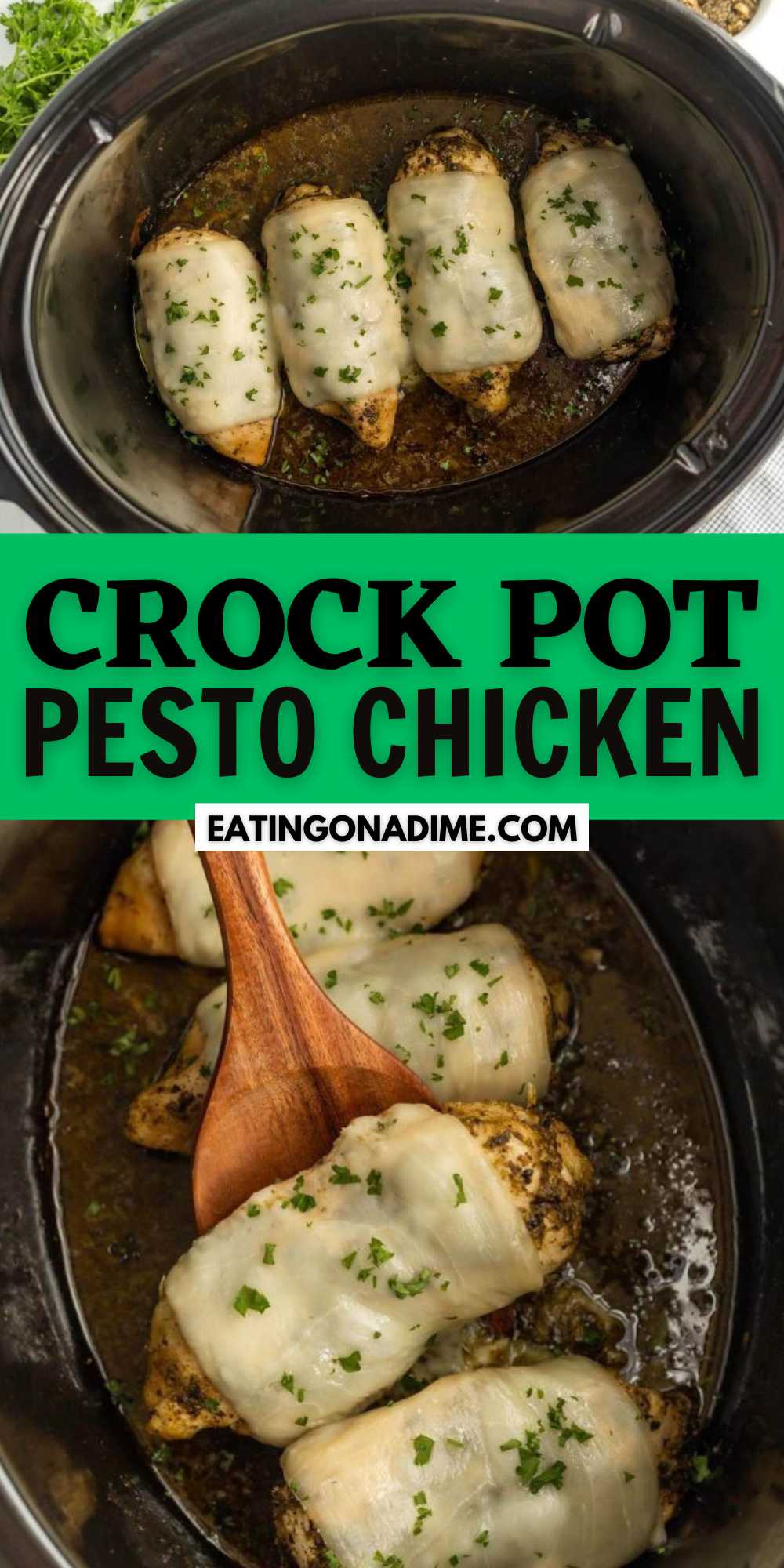 Crock Pot Pesto Chicken Recipe is keto friendly and tasty. The tender and flavorful chicken is topped with pesto and cheese for a tasty meal. Cheese makes everything better and there is definitely a ton of cheese on this delicious chicken. The pesto gives it an amazing flavor and you will love this easy meal idea. #eatingonadime #crockpotpestochicken #pestochicken #keto