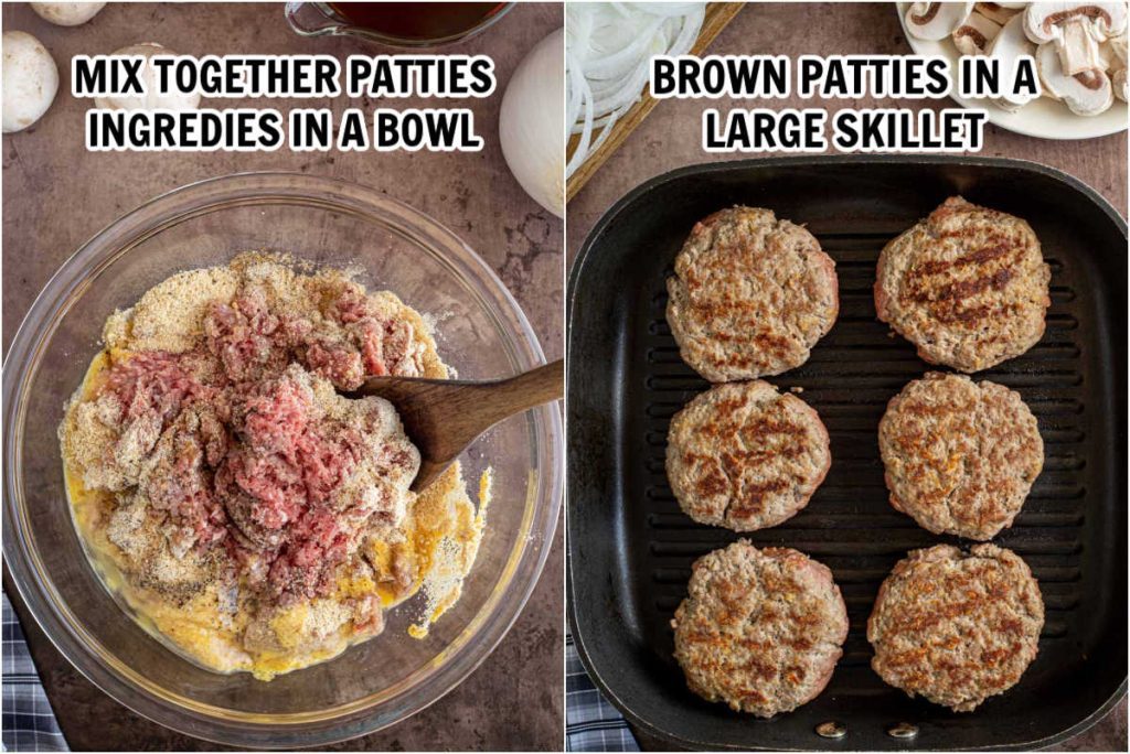Combining the hamburger patties ingredients and searing them in a skillet