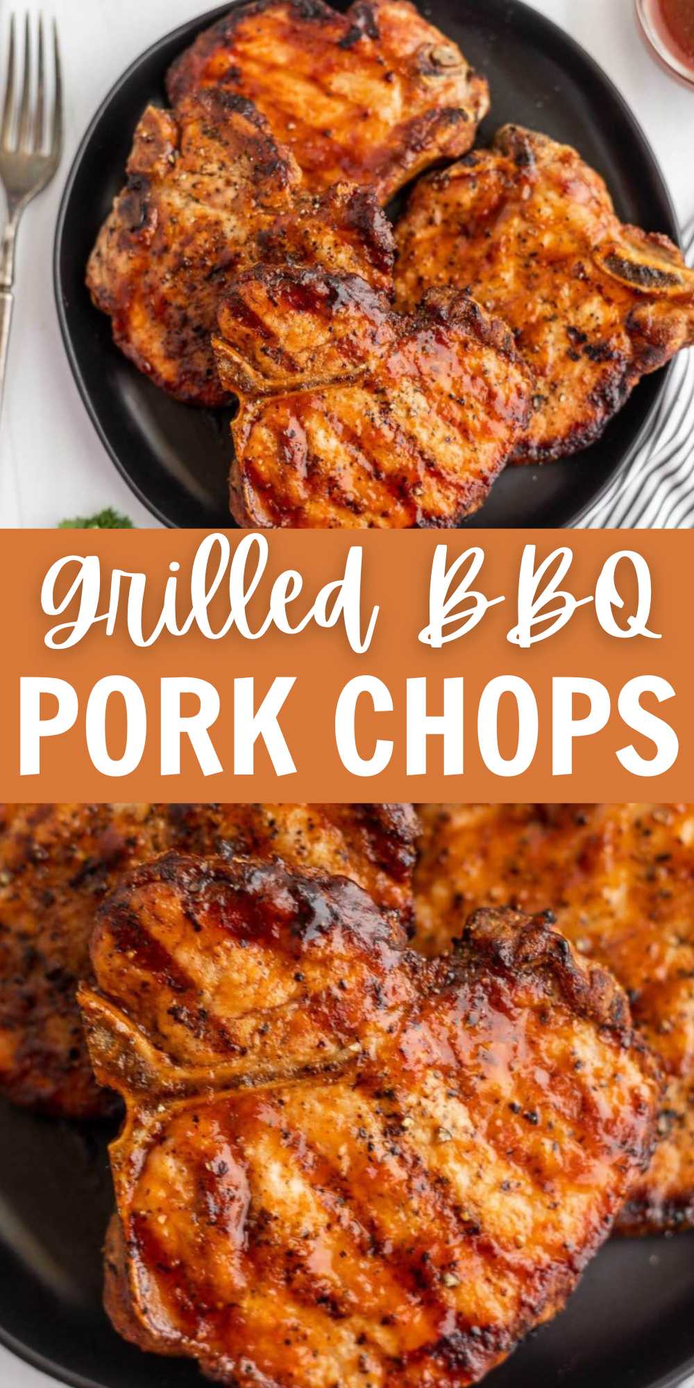 Grilled BBQ Pork Chops have the best flavor, and each bite is so tender. This recipe goes from grill to table in 15 minutes. Pork Chops on the grill make such an easy dinner idea and the flavor can't be beat. The barbecue sauce combined with the grill flavor makes for the best meal.  #eatingonadime #grilledbbqporkchops #bbqporkchops #grilledporkchops