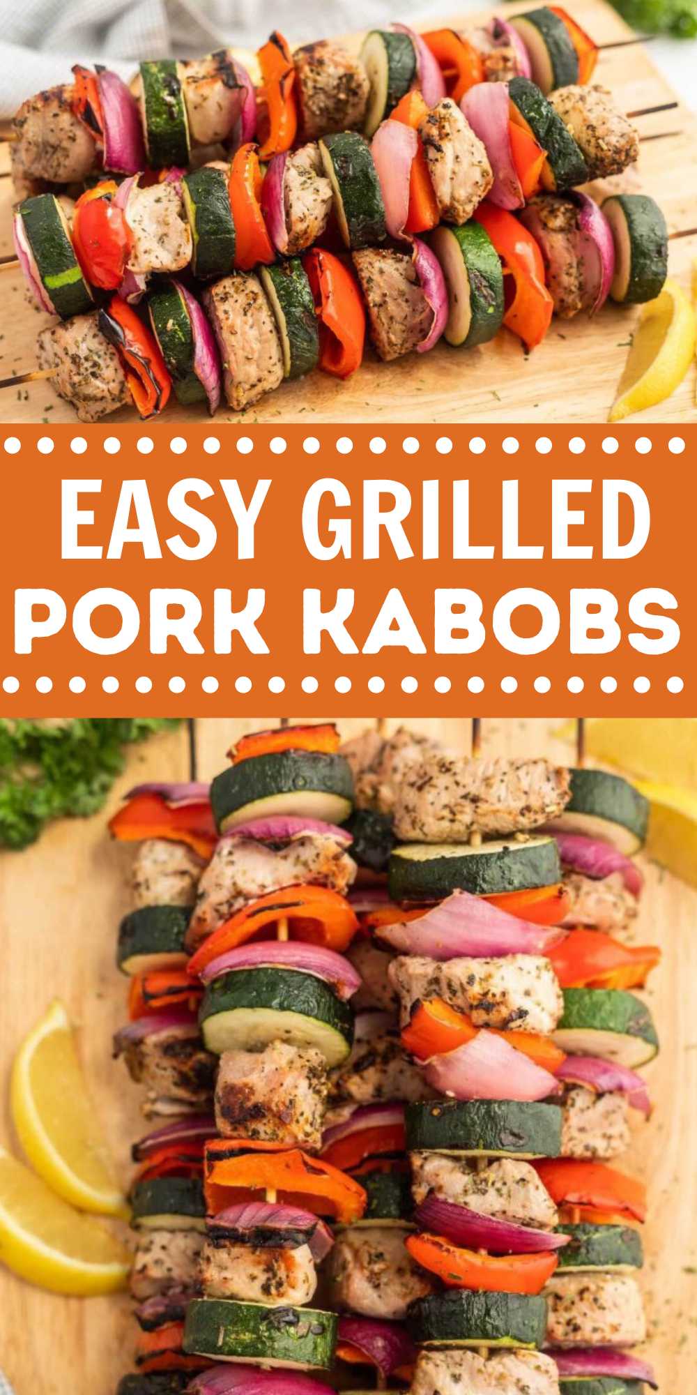 Grilled Pork Kabobs are layered with your favorite veggies and grilled to perfection. The marinade gives the pork and veggies great flavor. The kabobs are grilled perfectly and have the best flavor from the grill and seasoning. The veggies also make it an effortless way to stretch the meat.  #eatingonadime #grilledporkkabobs #porkkabobs #kabobs