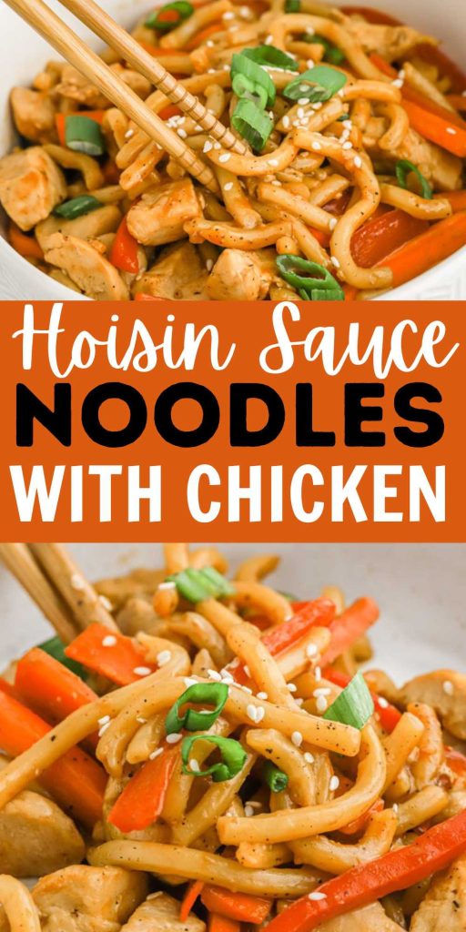Hoisin Sauce Noodles with Chicken is a quick and easy dinner idea. Thick noodles are mixed with chicken and greens with a homemade sauce. The sauce that is combined forms a sweet and savory flavor that is perfect mixed with the noodles and chicken. Adding in the colorful veggies to the dish gives it so much flavor. #eatingonadime #hoisinsaucenoodleswithchicken #hoisinnoodles #hoisinsauce