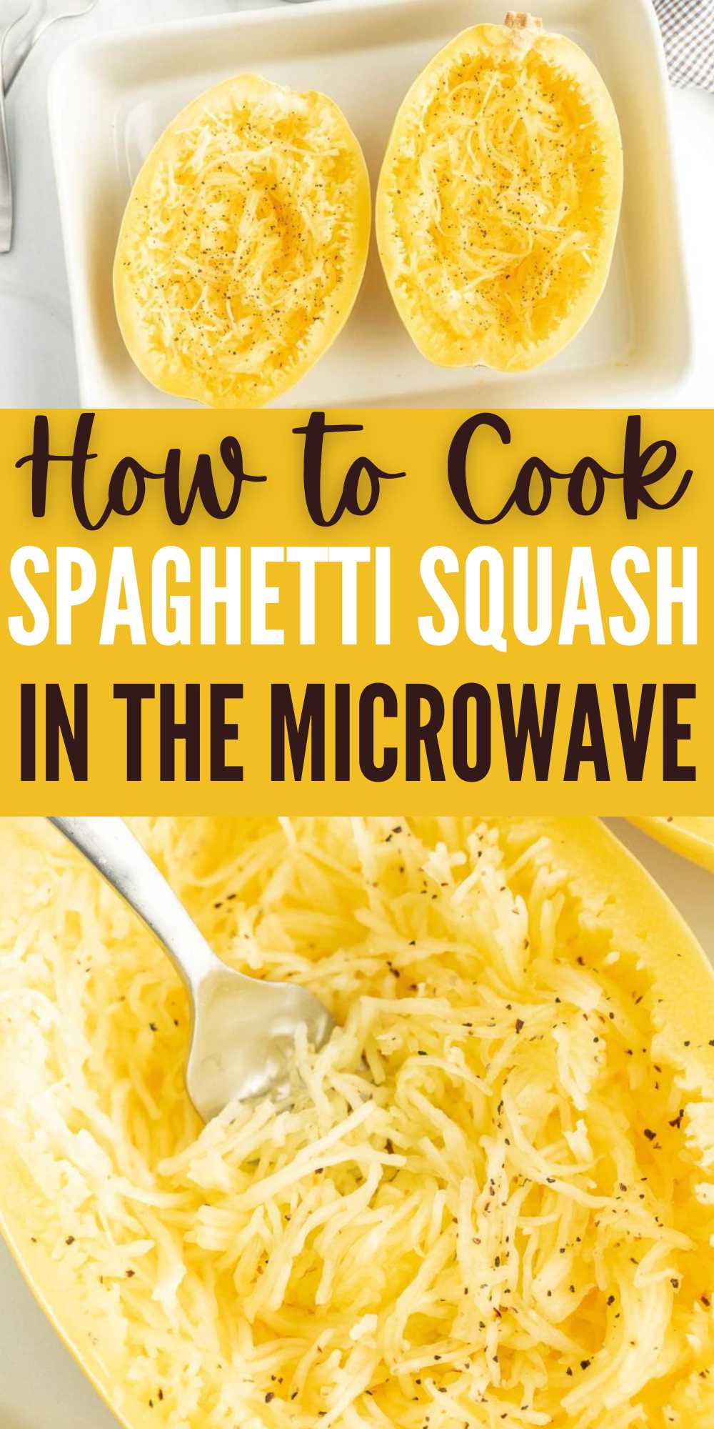 Learn How to Cook Spaghetti Squash in the Microwave with these easy steps. Turn a spaghetti squash into tender noodles for a tasty side dish. If you are looking for an easy way to make your favorite yellow vegetable, make it in the microwave. The results are tender, cooked strands of squash that is cooked perfectly. #eatingonadime #howtocookspaghettisquashinthemicrowave #microwavespaghettisquash