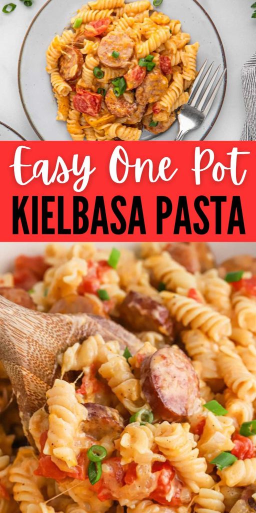 Kielbasa Pasta is a one pot dish that is loaded with kielbasa, pasta, and cheese. Creamy, easy to make and the perfect weeknight dish. This recipe is so tasty and easy and just all around the best meal. The cheesy sauce has just the perfect amount of seasoning. Add a salad and breadsticks for a complete meal idea in less than 30 minutes. #eatingonadime #kielbasapasta #onepotdish #onepotrecipes