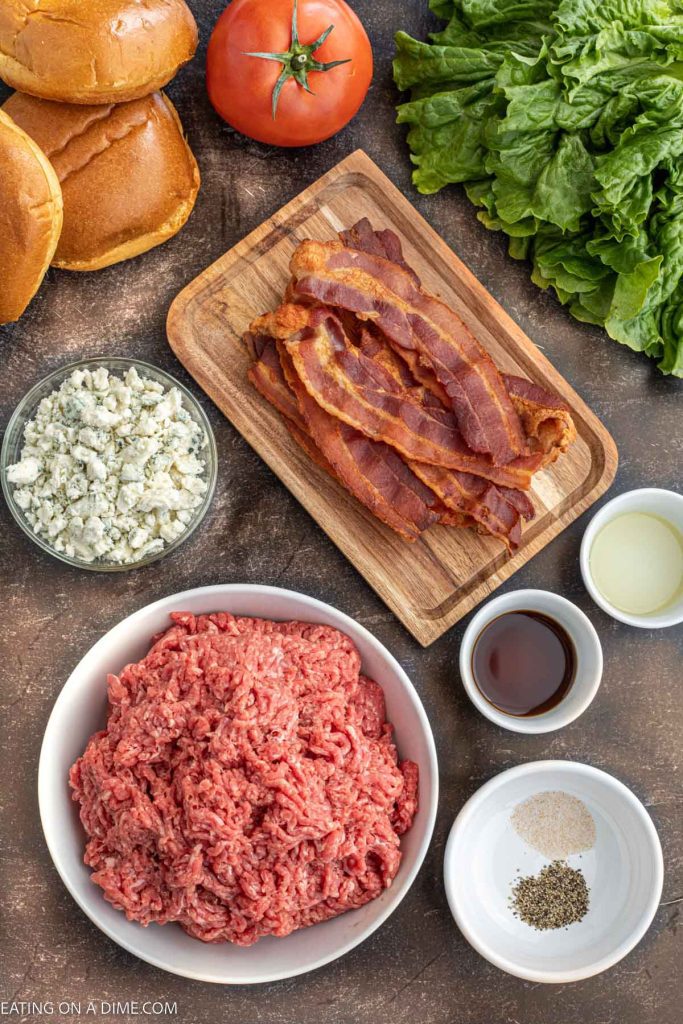 Ingredients for Bacon blue cheese burgers.