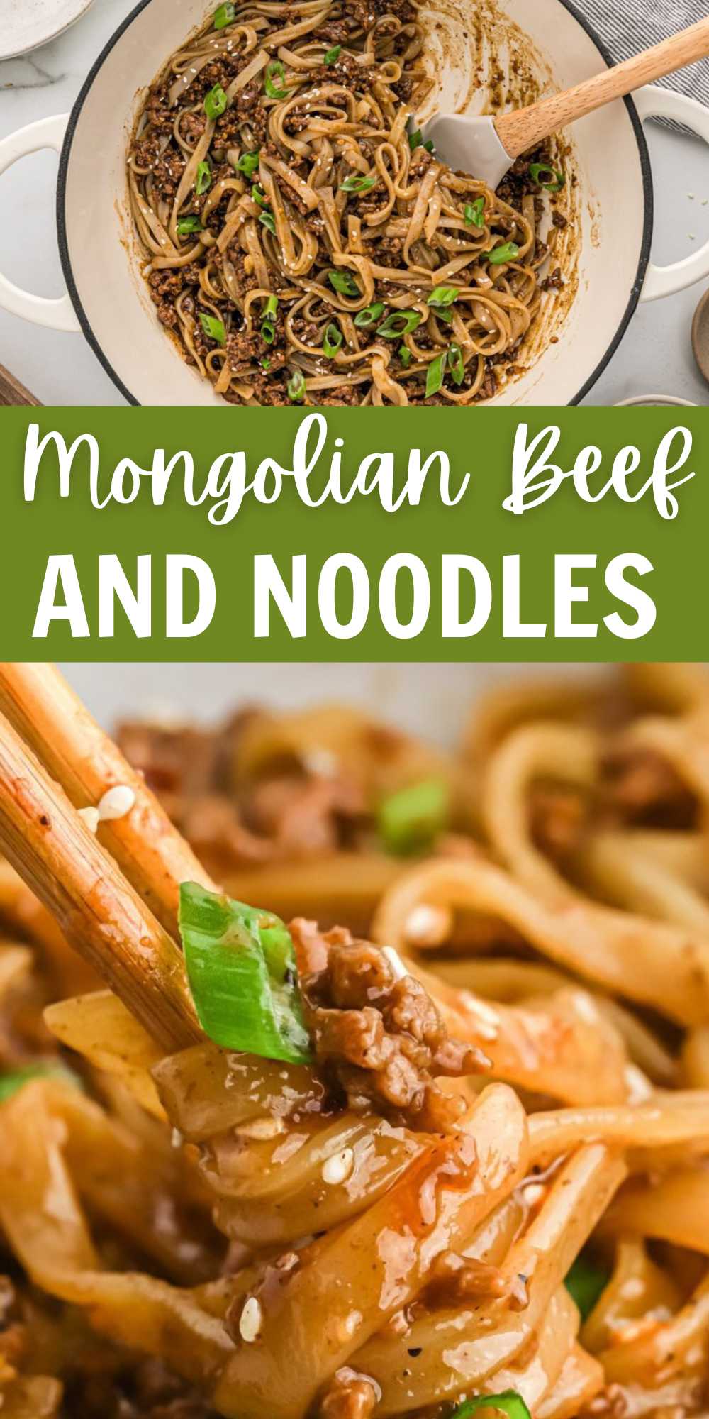 Mongolian Beef and Noodles combines the flavors of beef, rice noodles and a delicious Asian inspired sauce. Delicious and easy to make. We love skillet recipes because of how easy they are to make. This Asian inspired dish is restaurant quality that can easily be made at home. #eatingonadime #mongolianbeefandnoodles #mongolianbeef #noodles