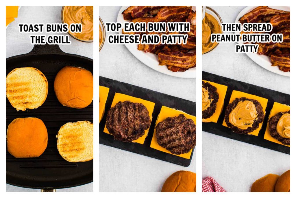 grilling the burgers on a grill plan and building the burger with peanut butter and hamburger patty