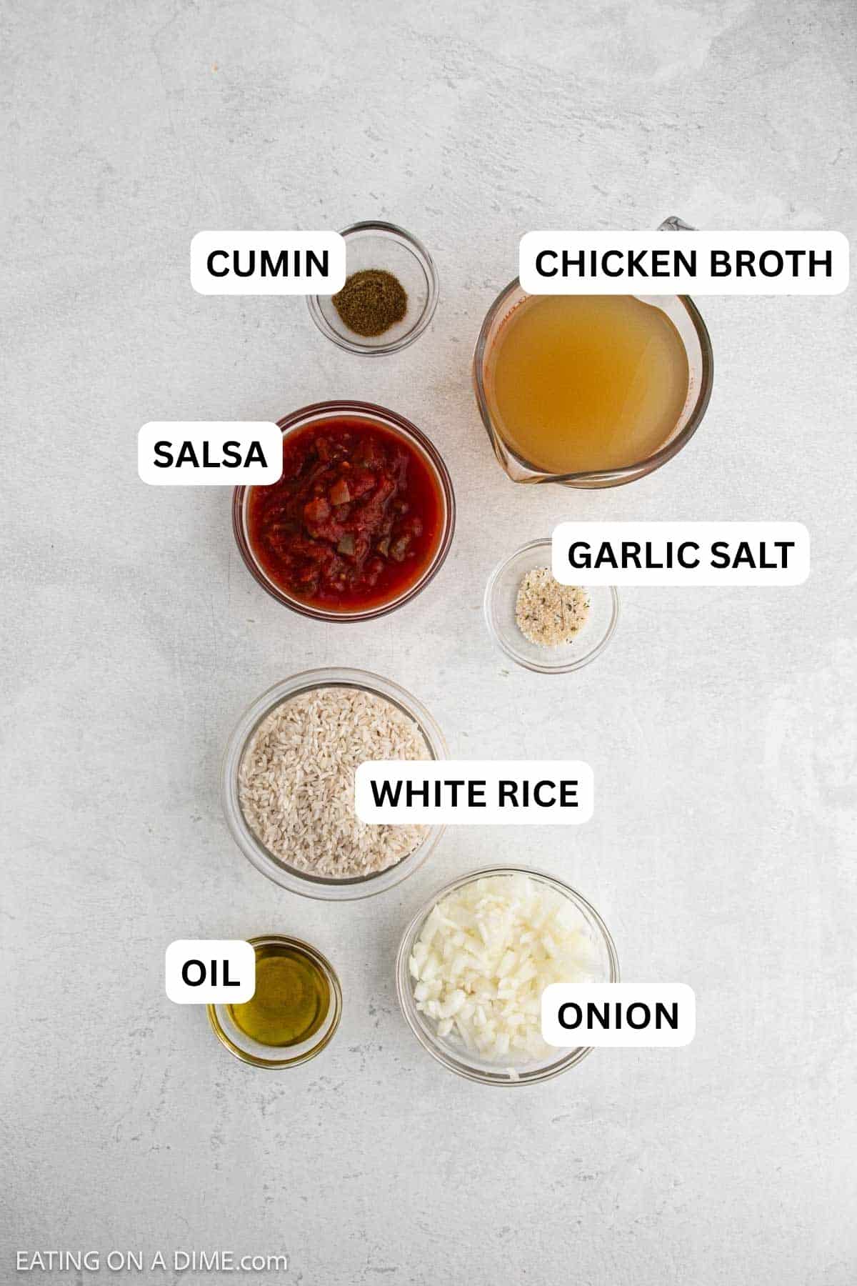 Ingredients needed to make this recipe which includes Olive oil, onion, white rice, broth, salsa, garlic salt, and cumin.
