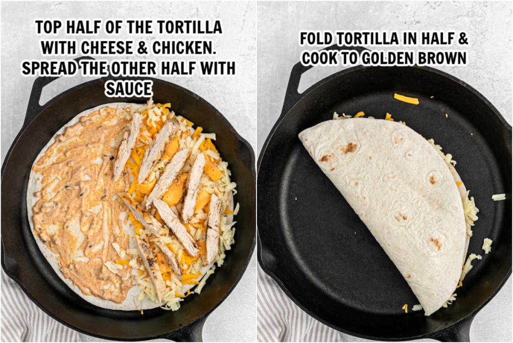 Making the quesadilla and cooking in a cast iron skillet