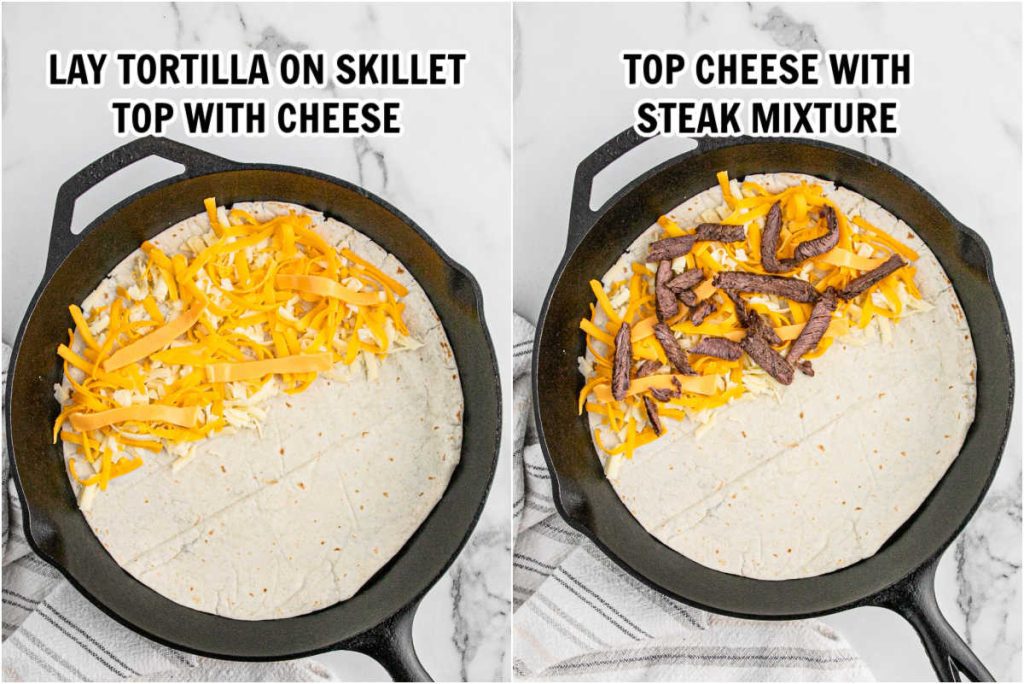 Placing the cheese and steak on a tortilla in a skillet