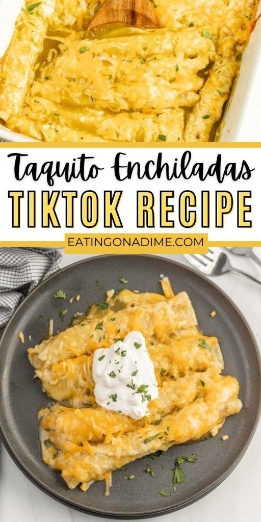 Taquito Enchiladas Tiktok Recipe only requires 3 ingredients and is easy to prepare. This enchilada recipe is the perfect weeknight meal. If you view Tiktok videos, then you have probably seen this lazy enchiladas with taquitos tiktok recipe. You only need 3 ingredients and it starts with frozen taquitos. Taquitos, enchilada sauce and cheese is all you need.  #eatingonadime #taquitoenchiladas #tiktokenchichaladas #tiktokviralrecipe