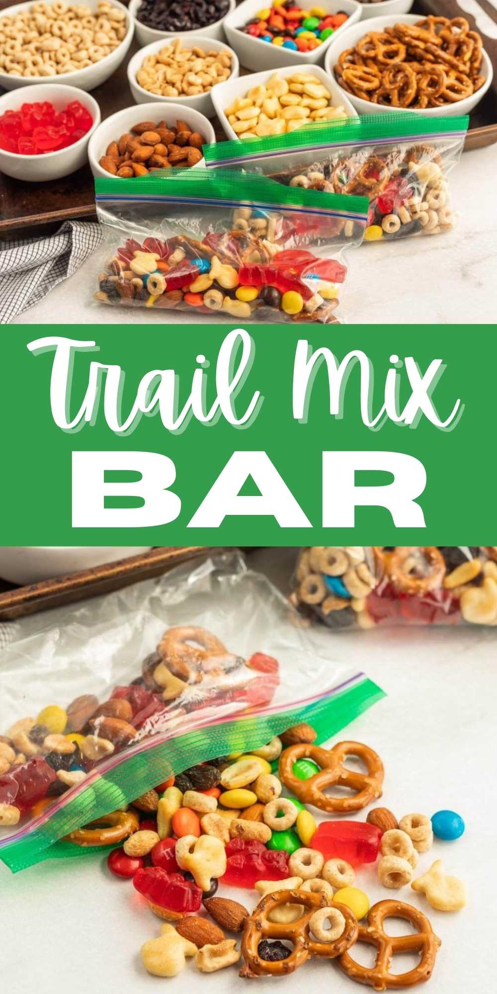 Making a Trail Mix Bar is a fun way to get the kids involved and let them assemble their trail mix snack. Fun and easy to make trail mix treat. We love making trail mix bars to allow the kids to make their own perfect snack. The great thing about having a trail mix bar is the kids can make their own snack with items they like. #eatingonadime #trailmixbar #trailmix #trailmixsnack
