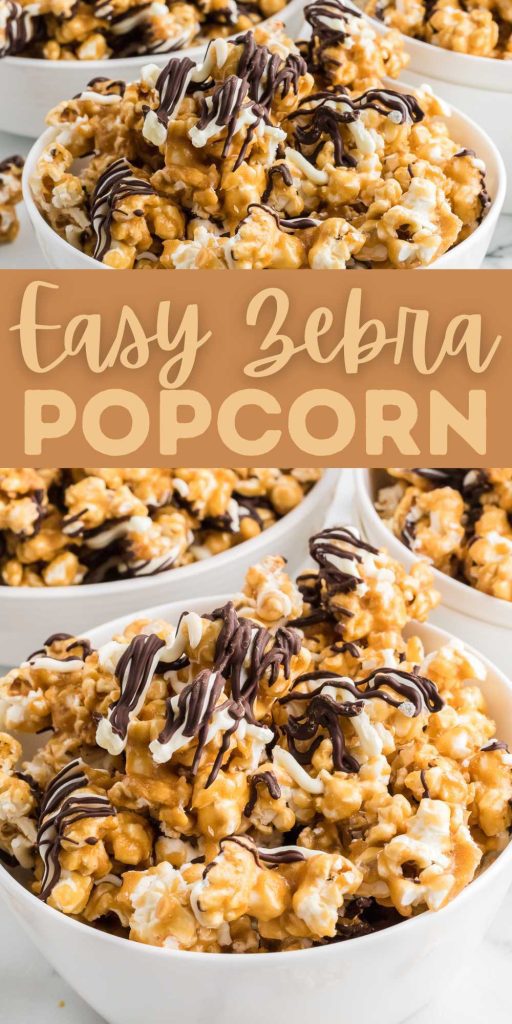 Oven baked Zebra Popcorn is a delicious caramel and chocolate popcorn recipe. Add flavor to your popcorn with this ultimate recipe. We love gourmet popcorn and now we can easily make this popcorn recipe at home with simple ingredients. This recipe is perfect to wrap as a gift or for a movie night in.  #eatingonadime #zebrapopcorn #gourmetpopcorn 