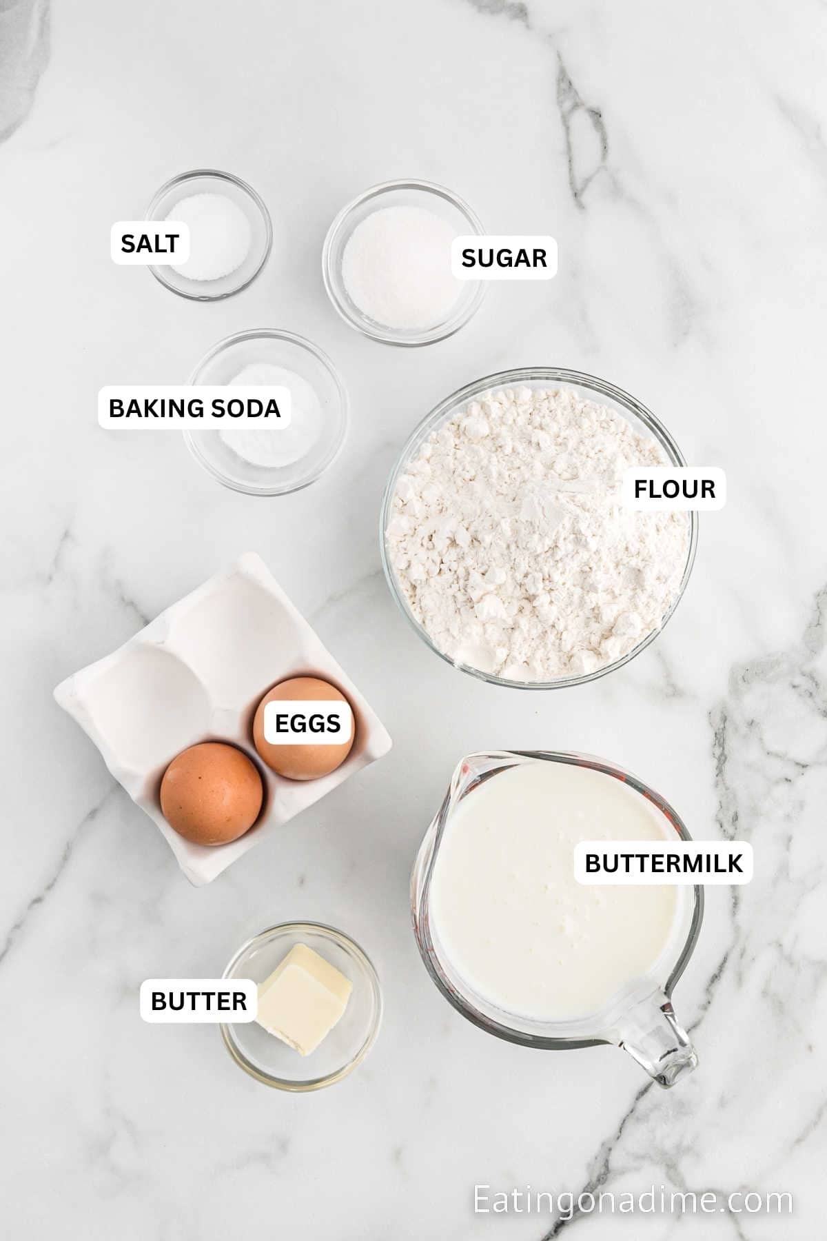 Ingredients for recipe: salt, sugar, baking soda, flour, eggs, butter and buttermilk.