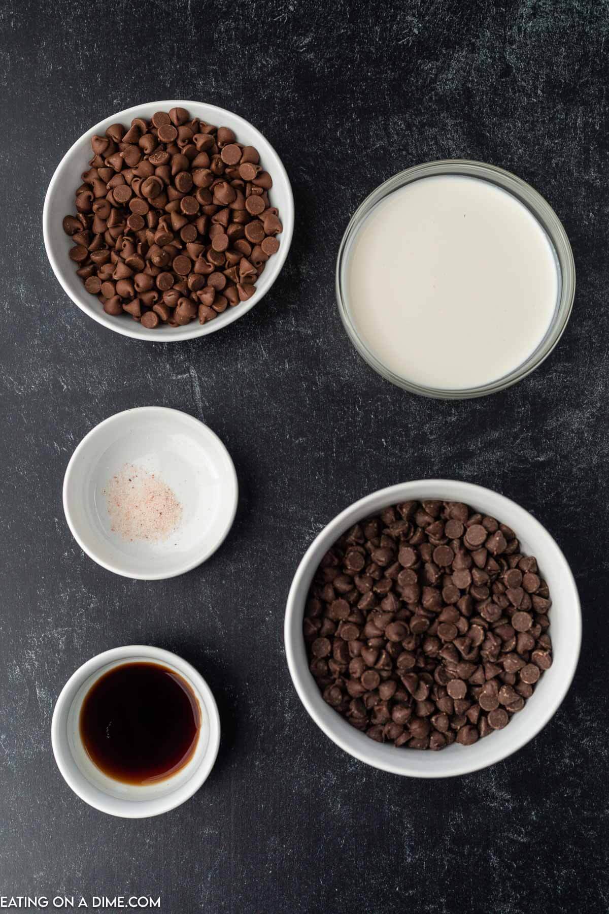 Ingredients needed - chocolate chips, heavy cream, vanilla extract, salt