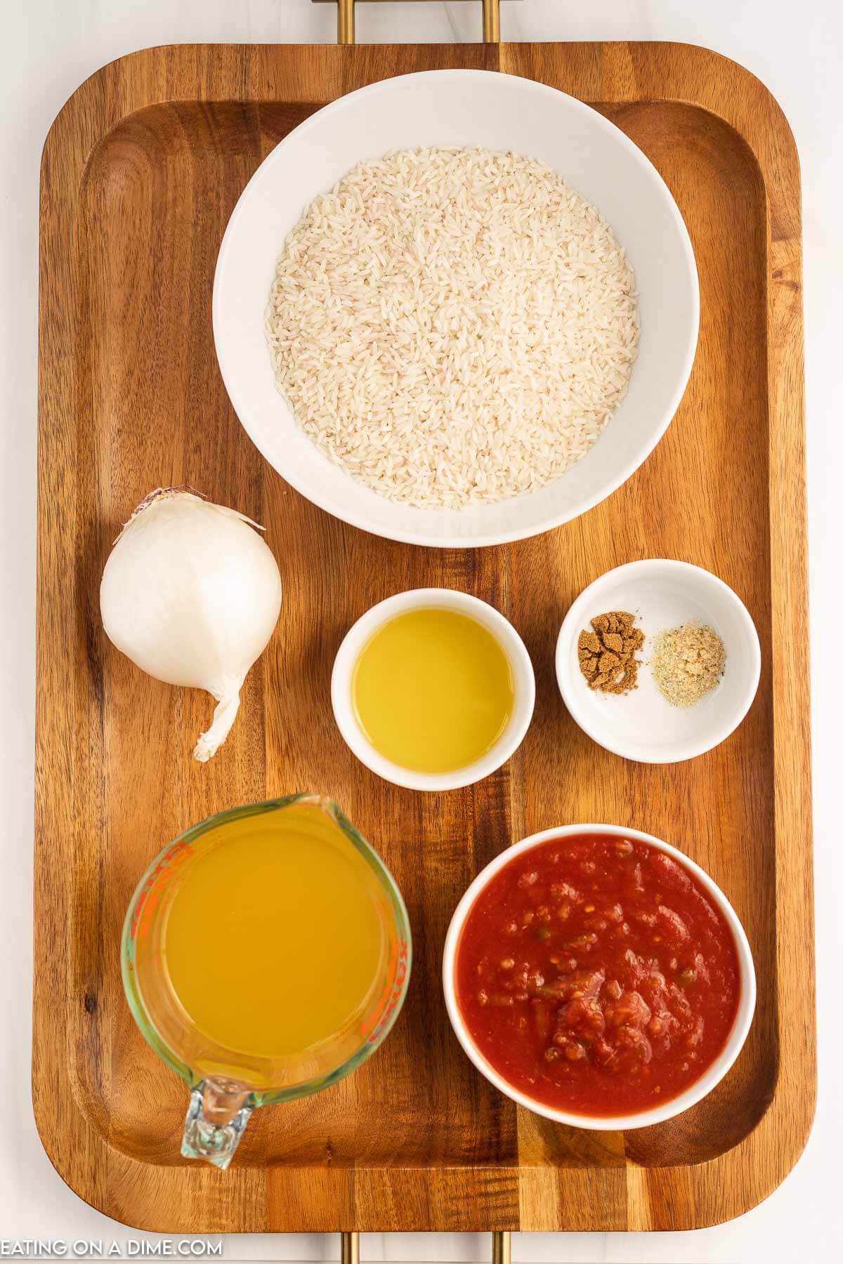 Ingredients needed - olive oil, onion, rice, chicken broth, salsa, garlic salt, cumin