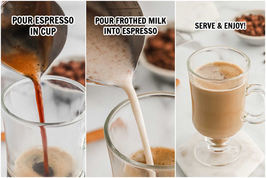 The process of pouring the milk into the espresso