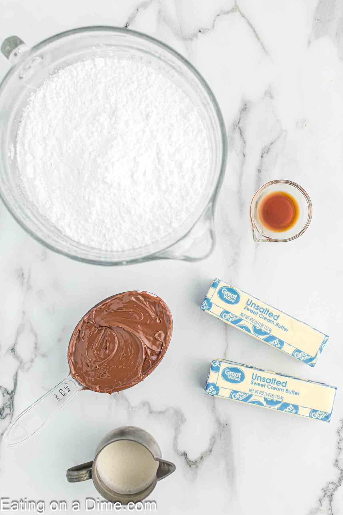 Nutella Frosting Ingredients - butter, powdered sugar, nutella, heavy cream, vanilla extract