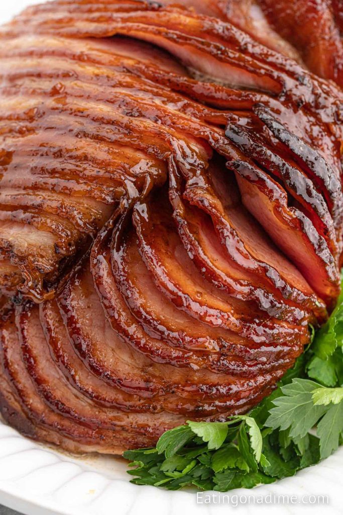 Honey glazed ham on a platter
