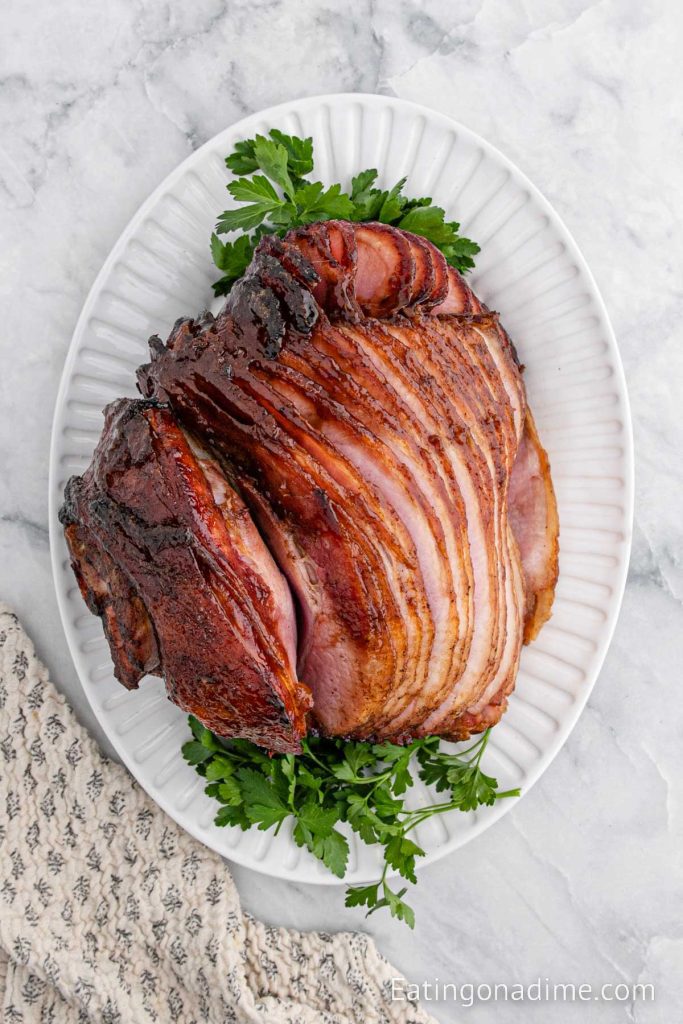 Honey glazed ham on a platter
