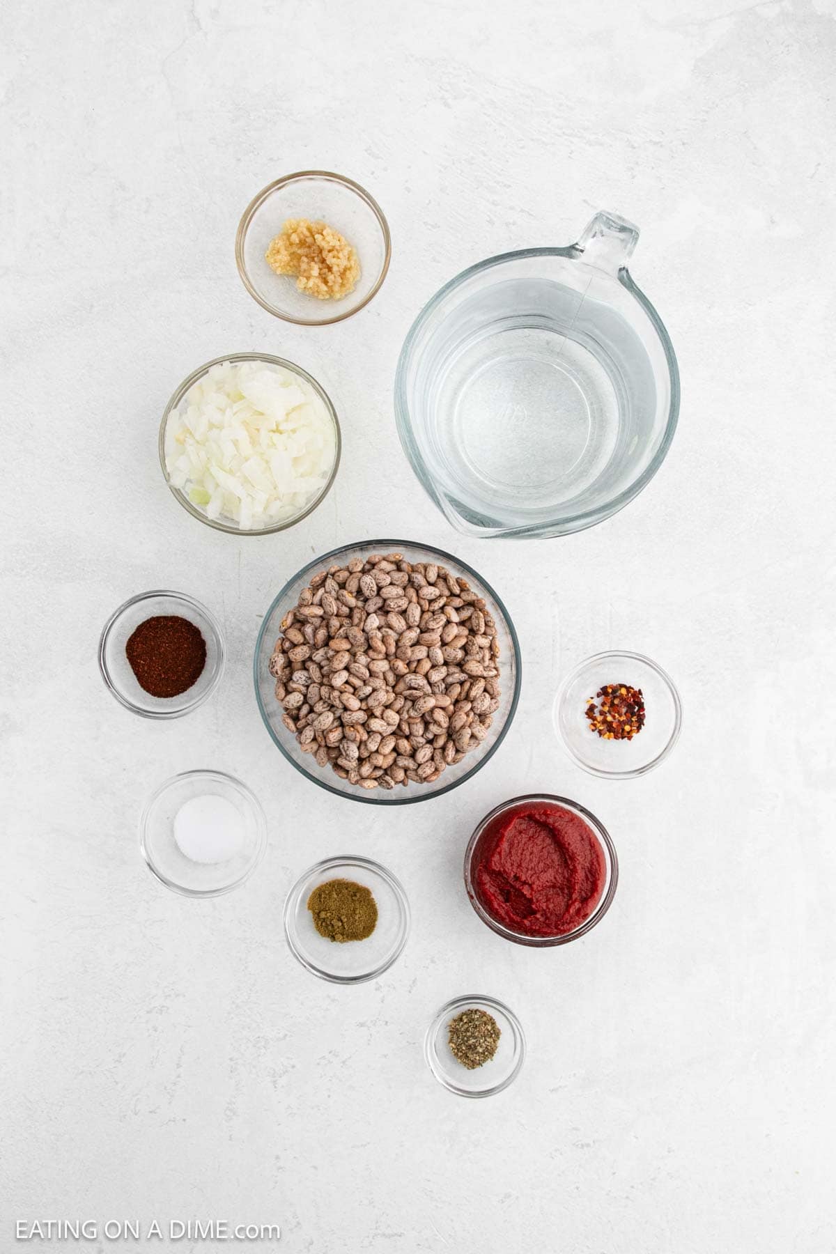 A top view of various ingredients for crock pot ranch beans, neatly arranged on a light surface: beans, diced onions, tomato paste, garlic, and a clear glass jug of water, alongside small bowls of spices like chili powder, cumin, and red pepper flakes.