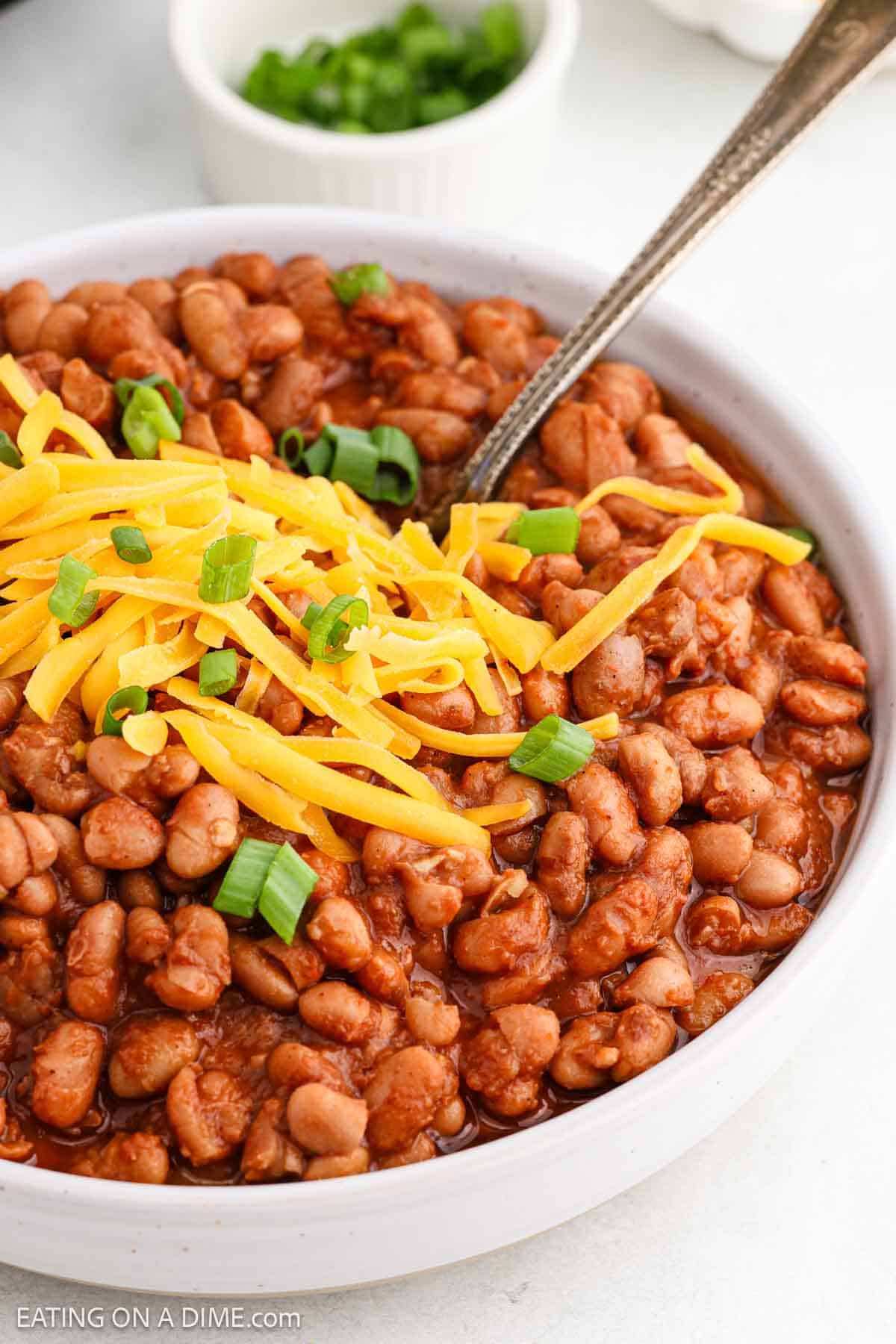 A bowl of crock pot chili with ranch beans, topped with shredded cheddar cheese and chopped green onions. A spoon rests in the bowl, while a small dish of green onions sits in the background.