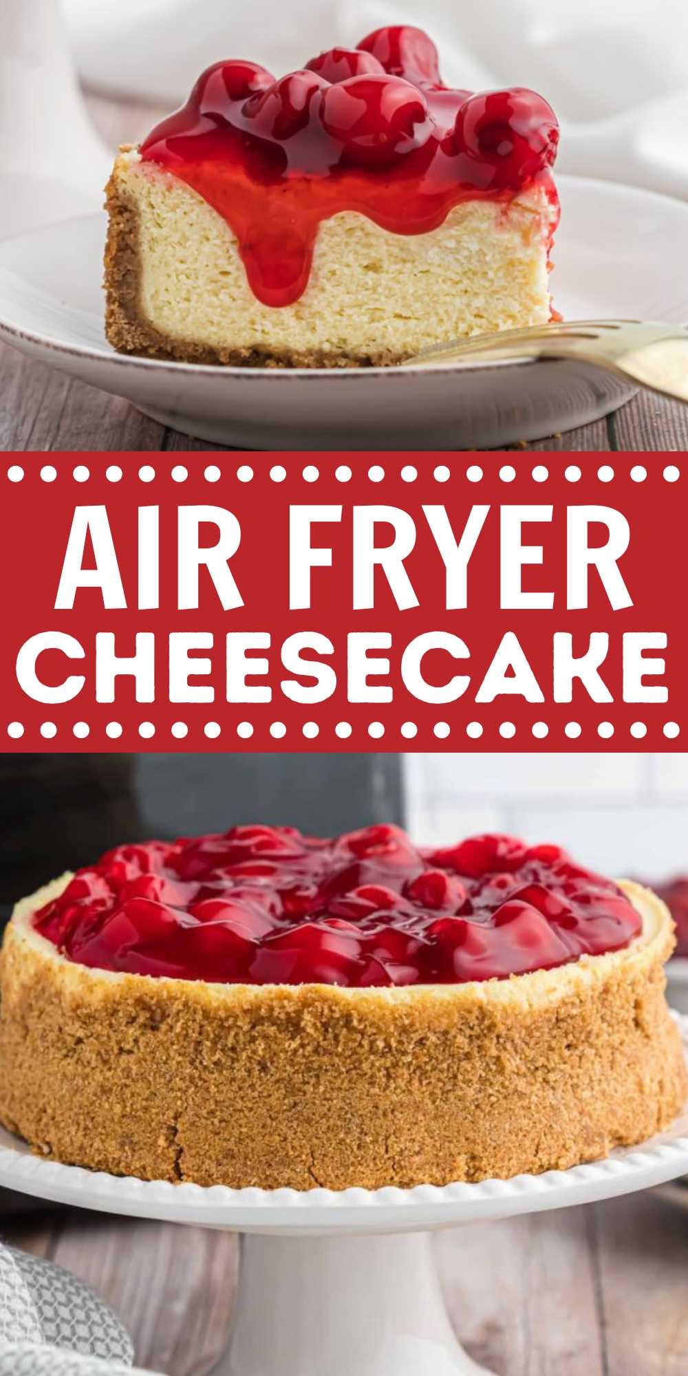 Air Fryer Cheesecake is a delicious way to make your favorite dessert. This recipe is simple and the results are a creamy cheesecake. The cheesecake filling is layered in a graham cracker crust and cooked easily in the air fryer. #eatingonadime #airfryercheesecake #cheesecake #airfryerrecipes