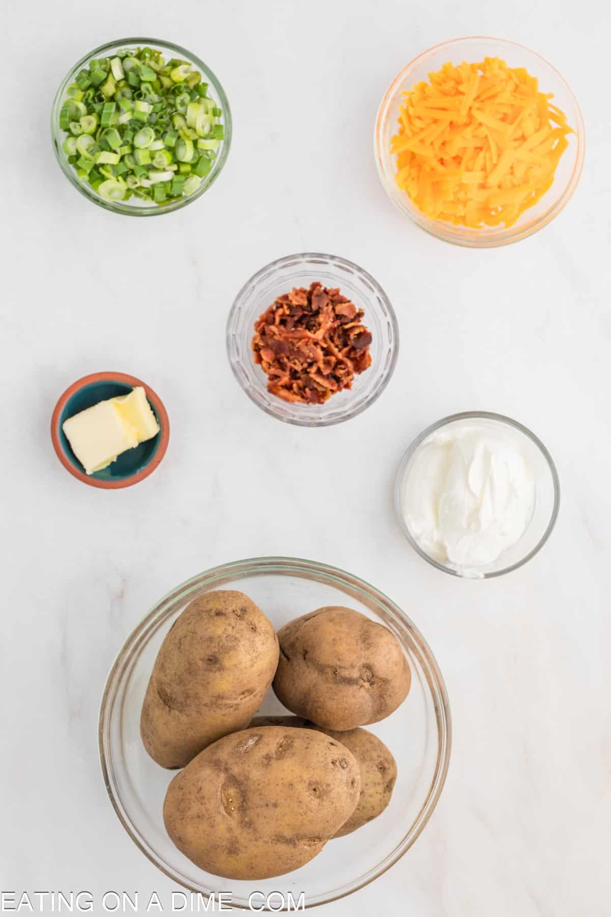 Microwave Bake Potato Ingredients - potatoes, toppings, salt and pepper