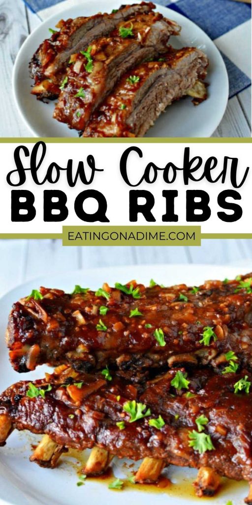 This slow cooker ribs recipe is easy to make and are fall off the bone tender! You'll never make ribs in the oven again. Delicious rib recipe. Cooking the ribs in the slow cooker is my favorite way. You literally set it and forget it. Your house will smell wonderful and the meat is fall off the bone tender. #eatingonadime #crockpotbbqribs #bbqribs 