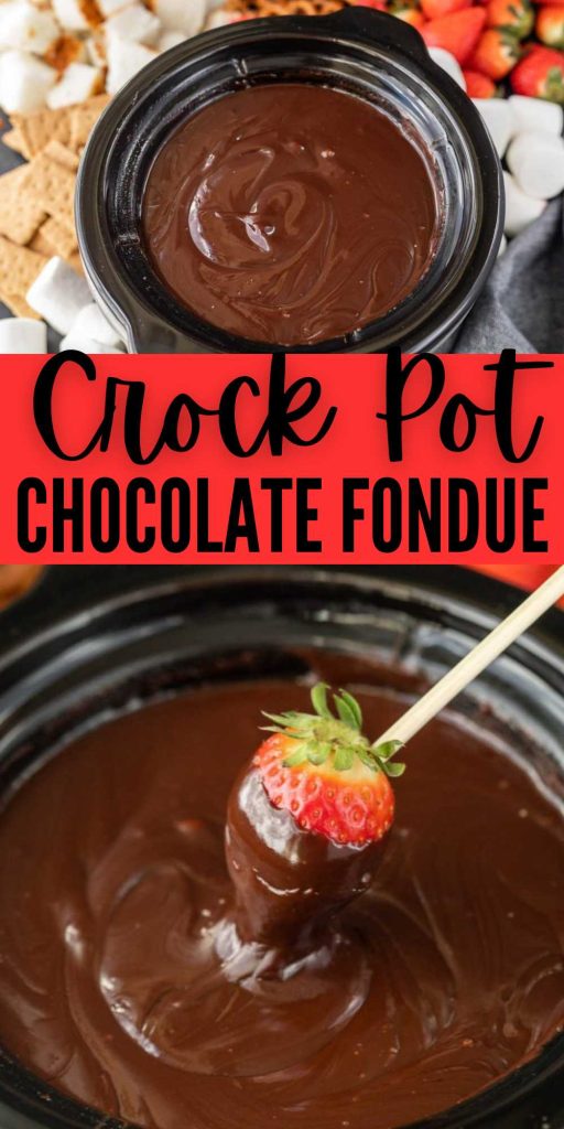 Make Crock Pot Chocolate Fondue for a rich and chocolatey dessert for an occasion. This is one of the easiest dessert you will make. Crockpot fondue is a delicious recipe that is easy to make thanks to the crock pot. Simple ingredients makes this dessert so delicious. It is rich and creamy and perfect for Valentine's Day or for any special occasion. #eatingonadime #crockpotchocolatefondue #chocolatefondue