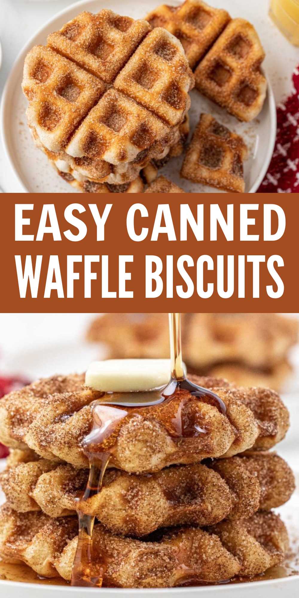 These Canned Waffle Biscuits are a quick and easy way to make waffles. Toss in a cinnamon and sugar mixture for a delicious breakfast idea. We love this quick and easy breakfast ideas. #eatingonadime #cannedwafflebiscuits #wafflebiscuits