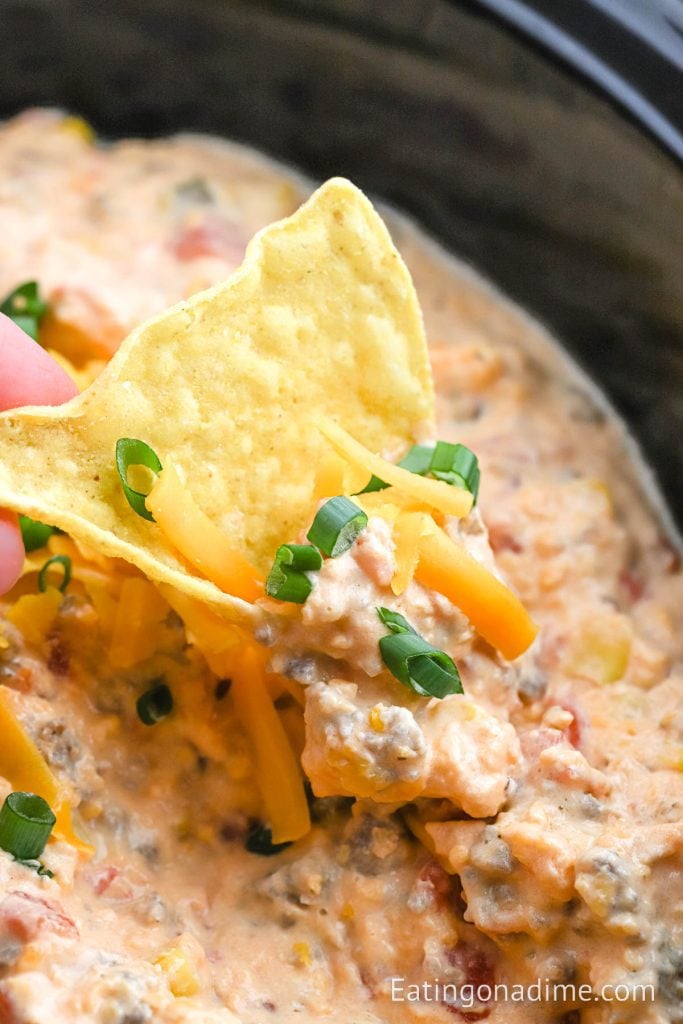 Cowboy Crack Dip in a bowl with a chip