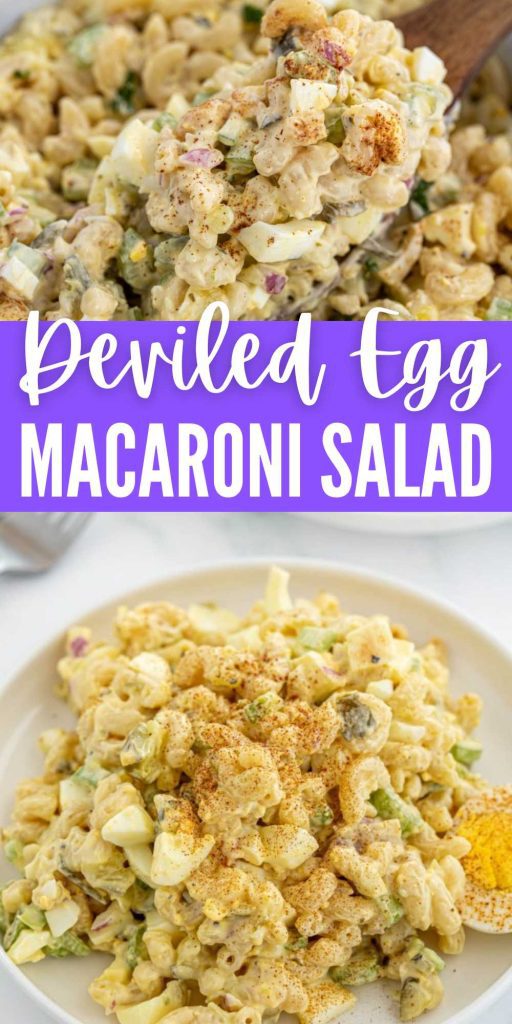 Deviled Egg Macaroni Salad is loaded with flavor and easy to make. This macaroni salad taste just like deviled eggs and is super creamy. If you love deviled eggs, then you need to make these delicious macaroni salad. This macaroni salad is the perfect side dish and a great dish to make for your next summertime BBQ. #eatingonadime #deviledeggmacaronisalad #macaronisaladrecipe