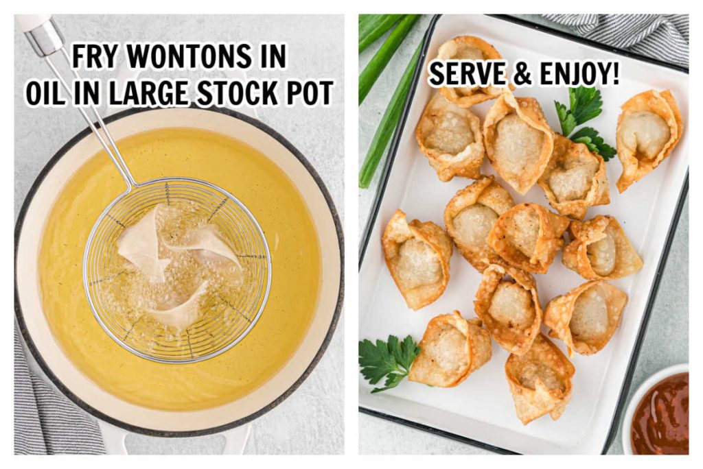 Frying the wontons and serving on a platter