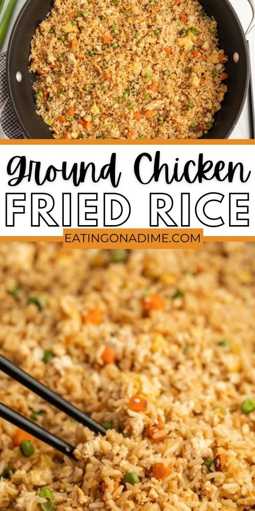 Skip take out and make this easy Ground Chicken Fried Rice recipe. It is so delicious and budget friendly with hardly any prep work. Everything is seasoned perfectly. We use leftover rice to make this recipe and it is so quick and easy. The vegetables taste great, and you can easily adapt it to whatever you have. #eatingonadime #groundchickenfriedrice #friedrice