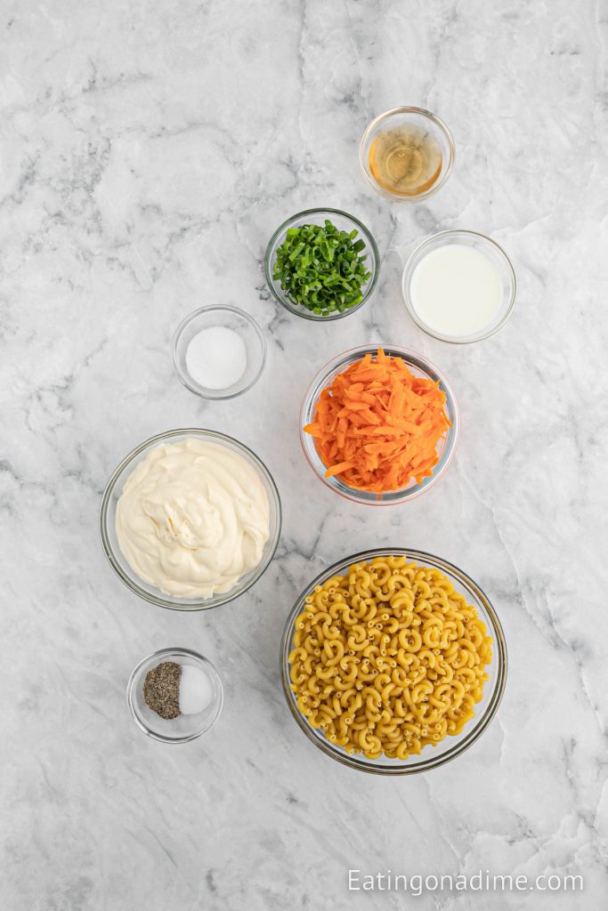 Ingredients needed - macaroni pasta, apple cider vinegar, carrots, onions, mayonnaise, milk, sugar, pepper and salt