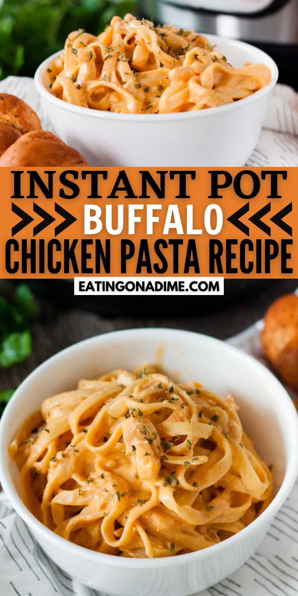 Easy instant pot buffalo chicken pasta recipe. Everything cooks in the pressure cooker so this is a great one pot meal.  The buffalo sauce and cream cheese mixed together makes a perfect sauce for this dish that everyone will love. #eatingonadime #instantpotbuffalochickenpasta #buffalochickenpastarecipe #instantpotrecipes