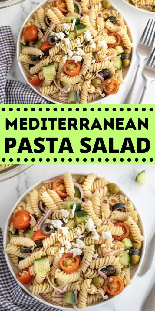 Mediterranean Pasta Salad is loaded with fresh ingredients and tossed in a delicious dressing. Make this pasta salad for your next BBQ. Mediterranean Pasta Salad is loaded with simple ingredients and mixed with a vinaigrette dressing brings all the flavors together. #eatingonadime #mediterraneanpastasalad #pastasalad